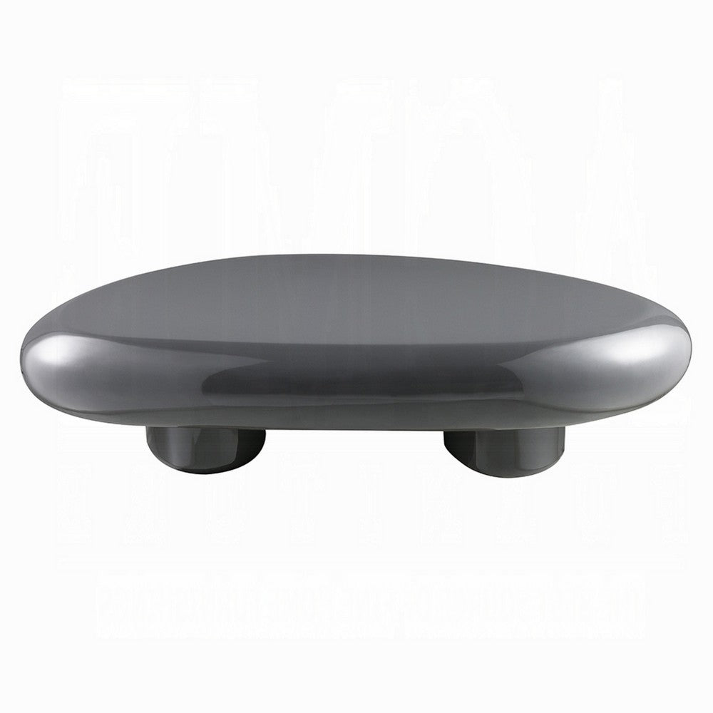 Benjara Fory Coffee Table, 46 Inch Oval Top with Low Metal Base, High Gloss Gray