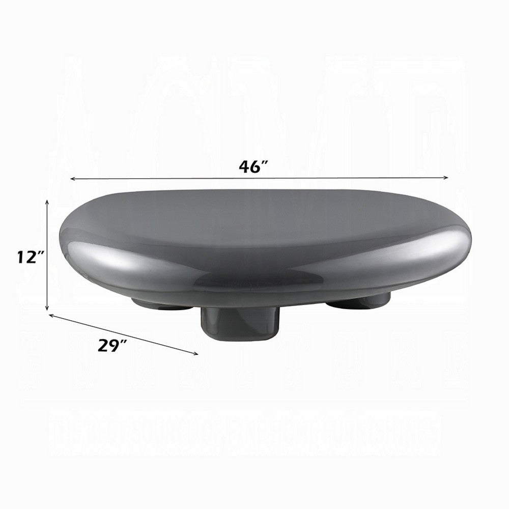 Benjara Fory Coffee Table, 46 Inch Oval Top with Low Metal Base, High Gloss Gray