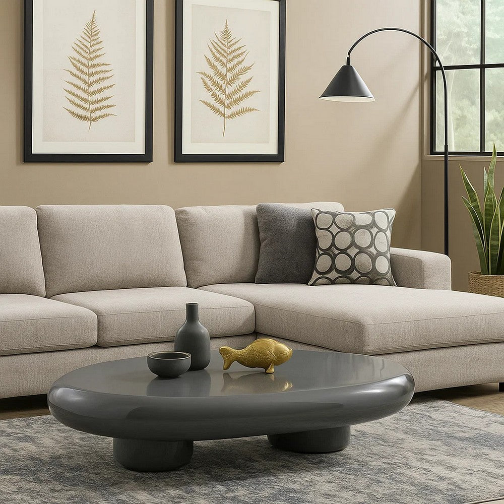 Benjara Fory Coffee Table, 46 Inch Oval Top with Low Metal Base, High Gloss Gray
