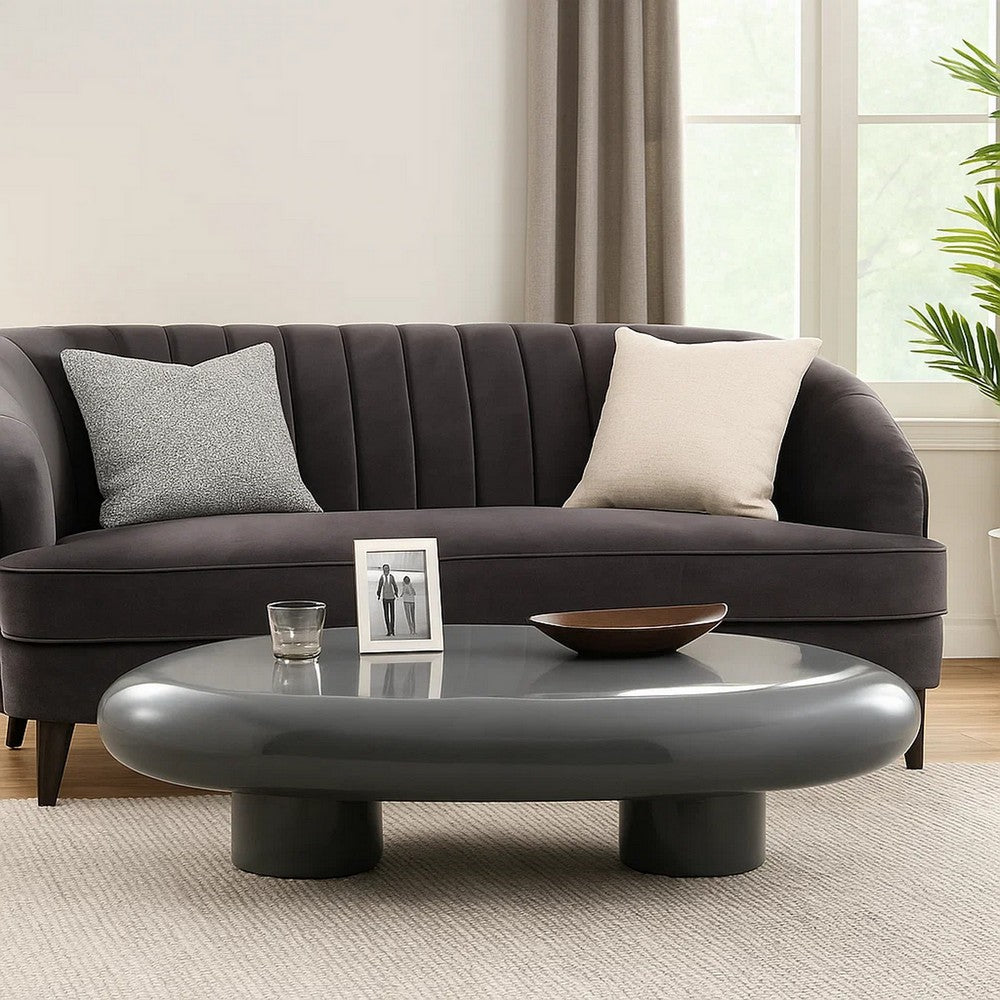 Benjara Fory Coffee Table, 46 Inch Oval Top with Low Metal Base, High Gloss Gray