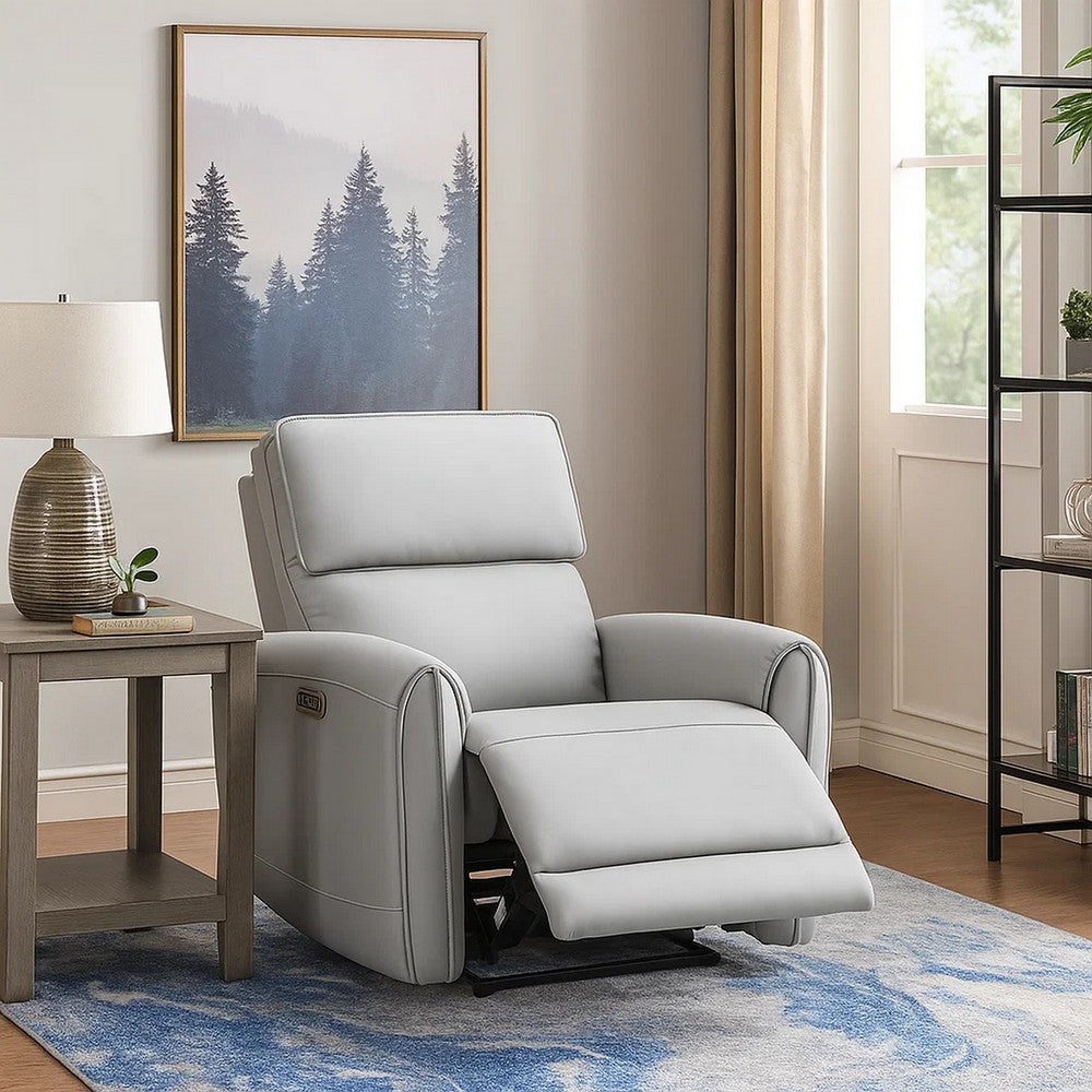 Benjara Jero Power Motion Recliner Armchair with USB Port, Light Gray Faux Leather