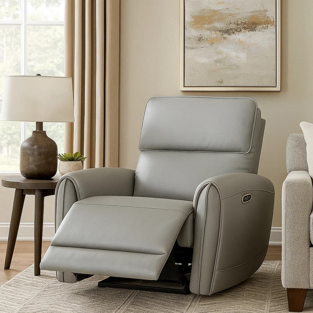Benjara Jero Power Motion Recliner Armchair with USB Port, Light Gray Faux Leather