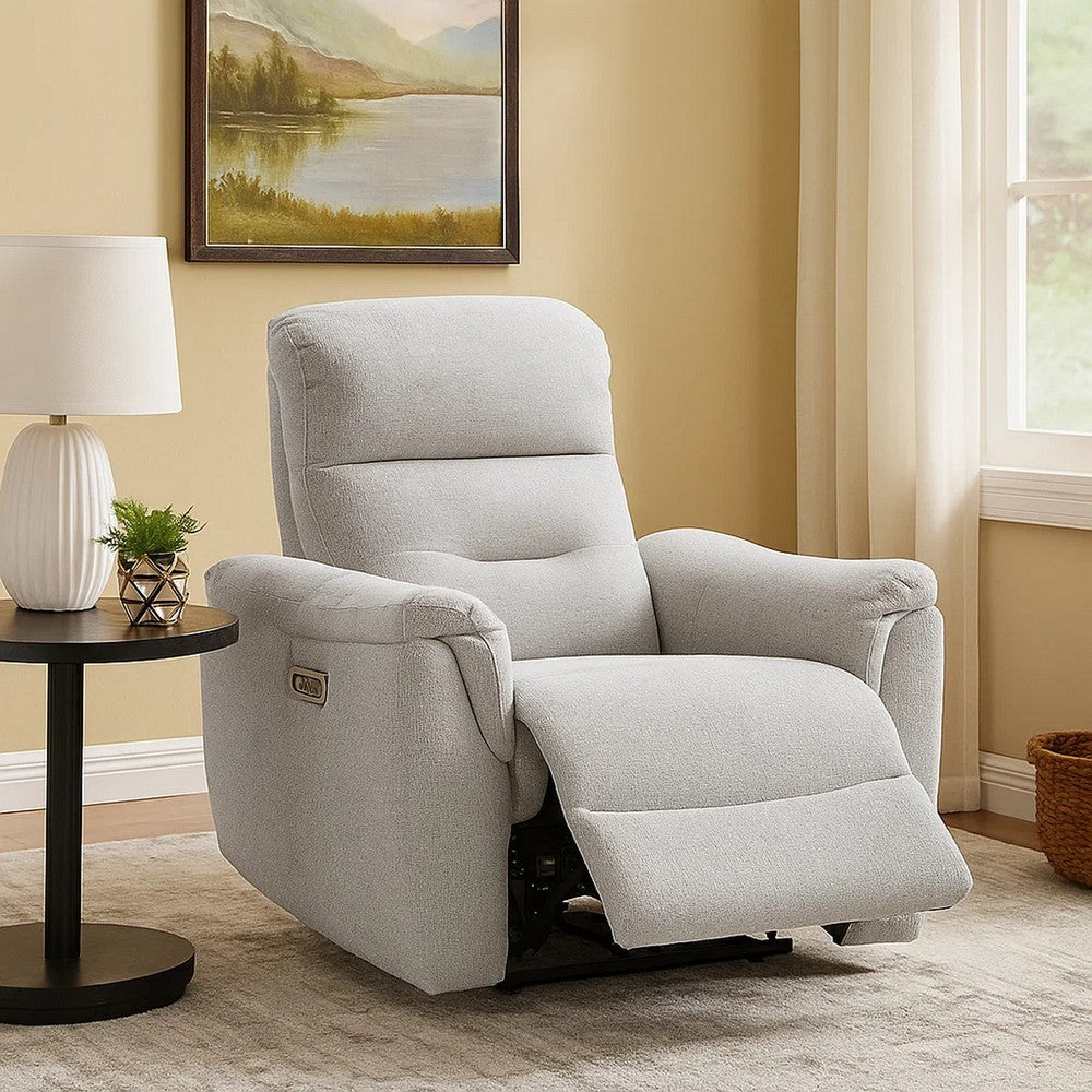 Benjara Tres Power Motion Recliner Chair with USB Port, Foam Fill Gray Chenille