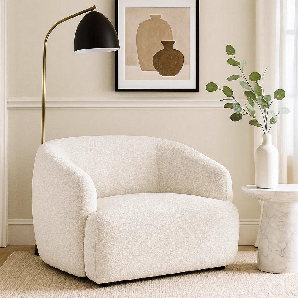 Benjara Luci Accent Barrel Chair, Foam Fill Cushions, Shimmer White Chenille