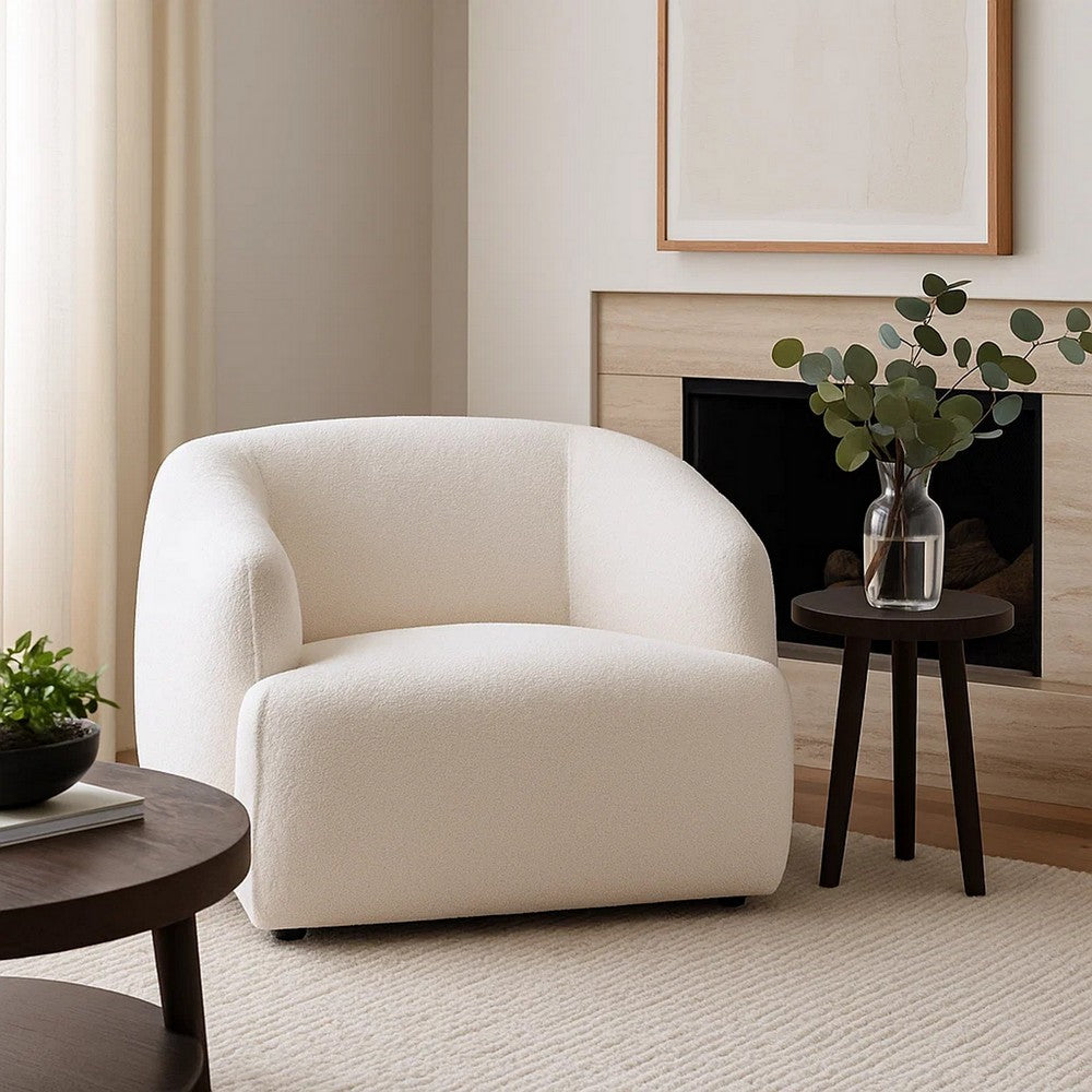 Benjara Luci Accent Barrel Chair, Foam Fill Cushions, Shimmer White Chenille
