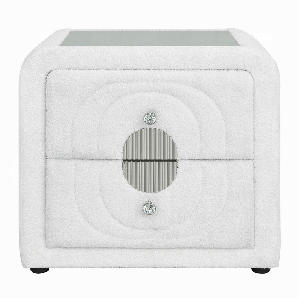 Benjara Kery Glass Top Nightstand, 2 Drawers, White Teddy Sherpa Upholstery