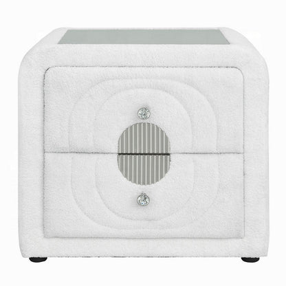 Benjara Kery Glass Top Nightstand, 2 Drawers, White Teddy Sherpa Upholstery