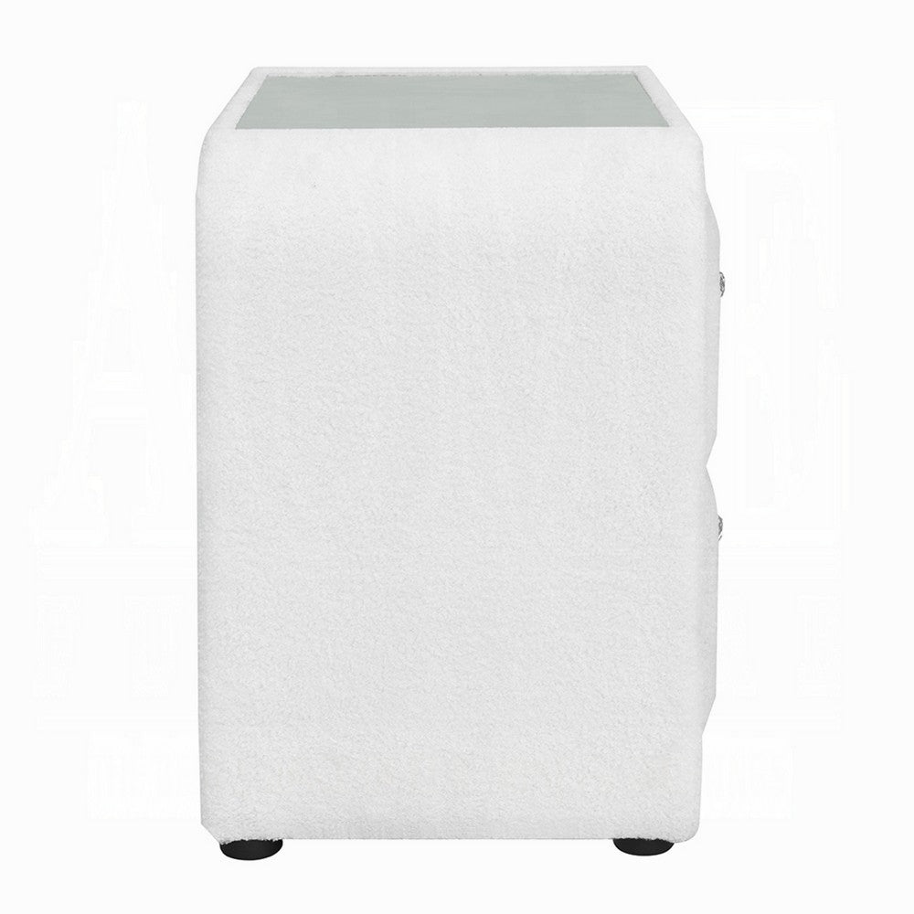 Benjara Kery Glass Top Nightstand, 2 Drawers, White Teddy Sherpa Upholstery