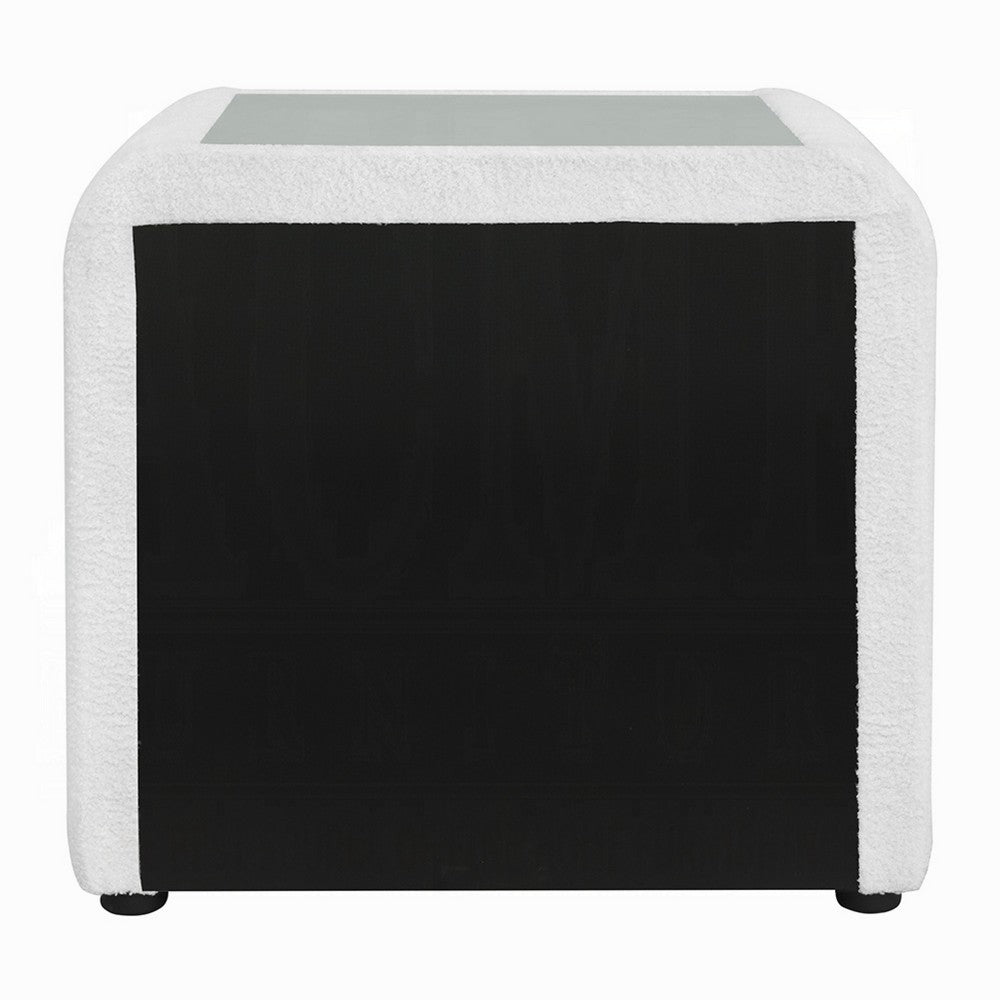 Benjara Kery Glass Top Nightstand, 2 Drawers, White Teddy Sherpa Upholstery