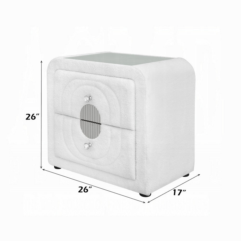 Benjara Kery Glass Top Nightstand, 2 Drawers, White Teddy Sherpa Upholstery