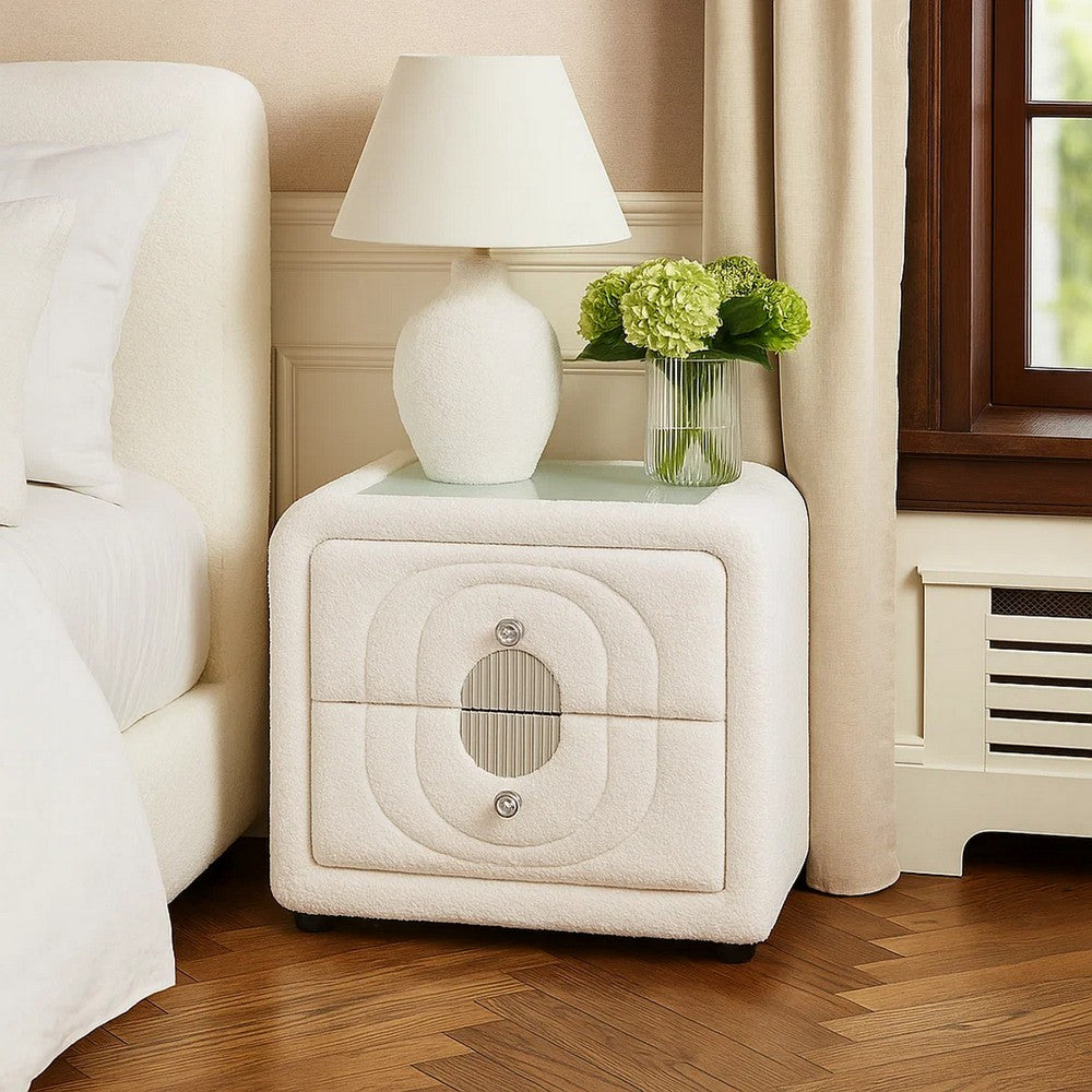 Benjara Kery Glass Top Nightstand, 2 Drawers, White Teddy Sherpa Upholstery