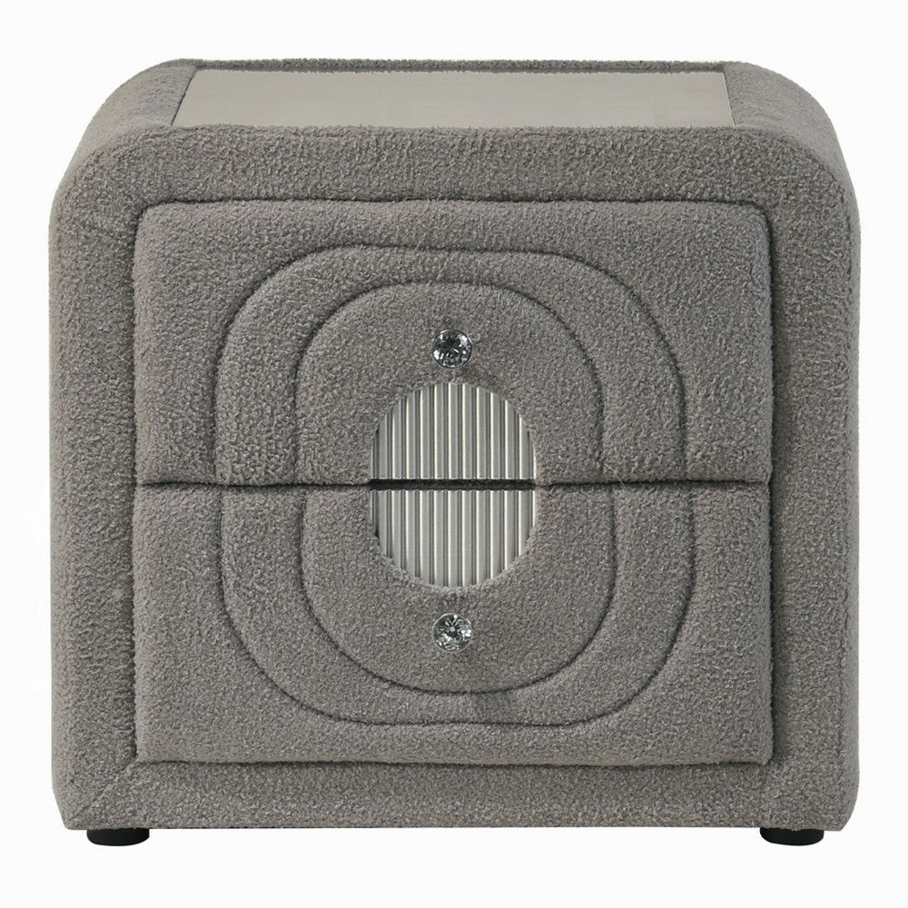 Benjara Kery Nightstand, 2 Drawers, Glass Top, Gray Teddy Sherpa Upholstery