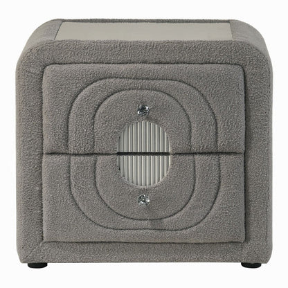 Benjara Kery Nightstand, 2 Drawers, Glass Top, Gray Teddy Sherpa Upholstery