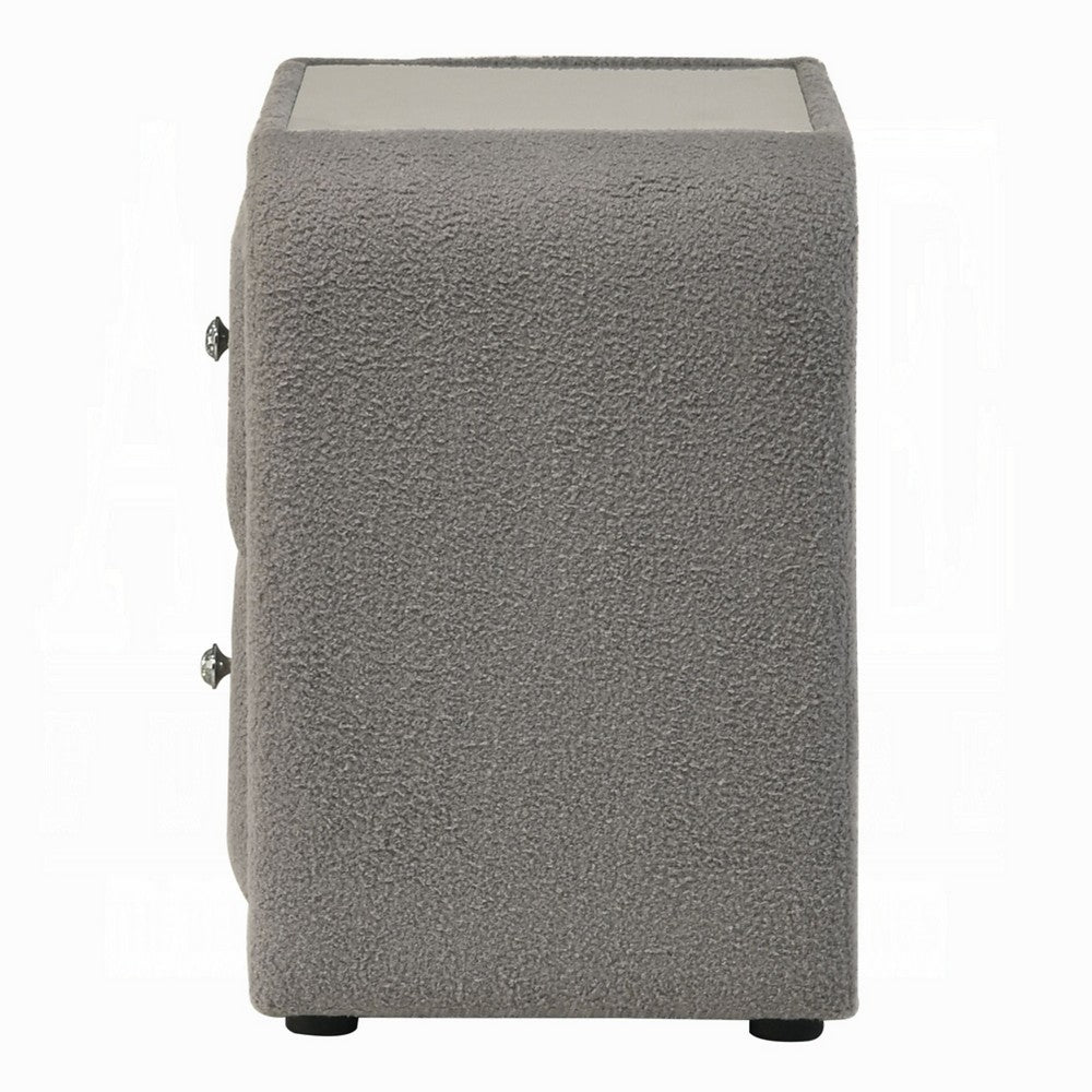 Benjara Kery Nightstand, 2 Drawers, Glass Top, Gray Teddy Sherpa Upholstery