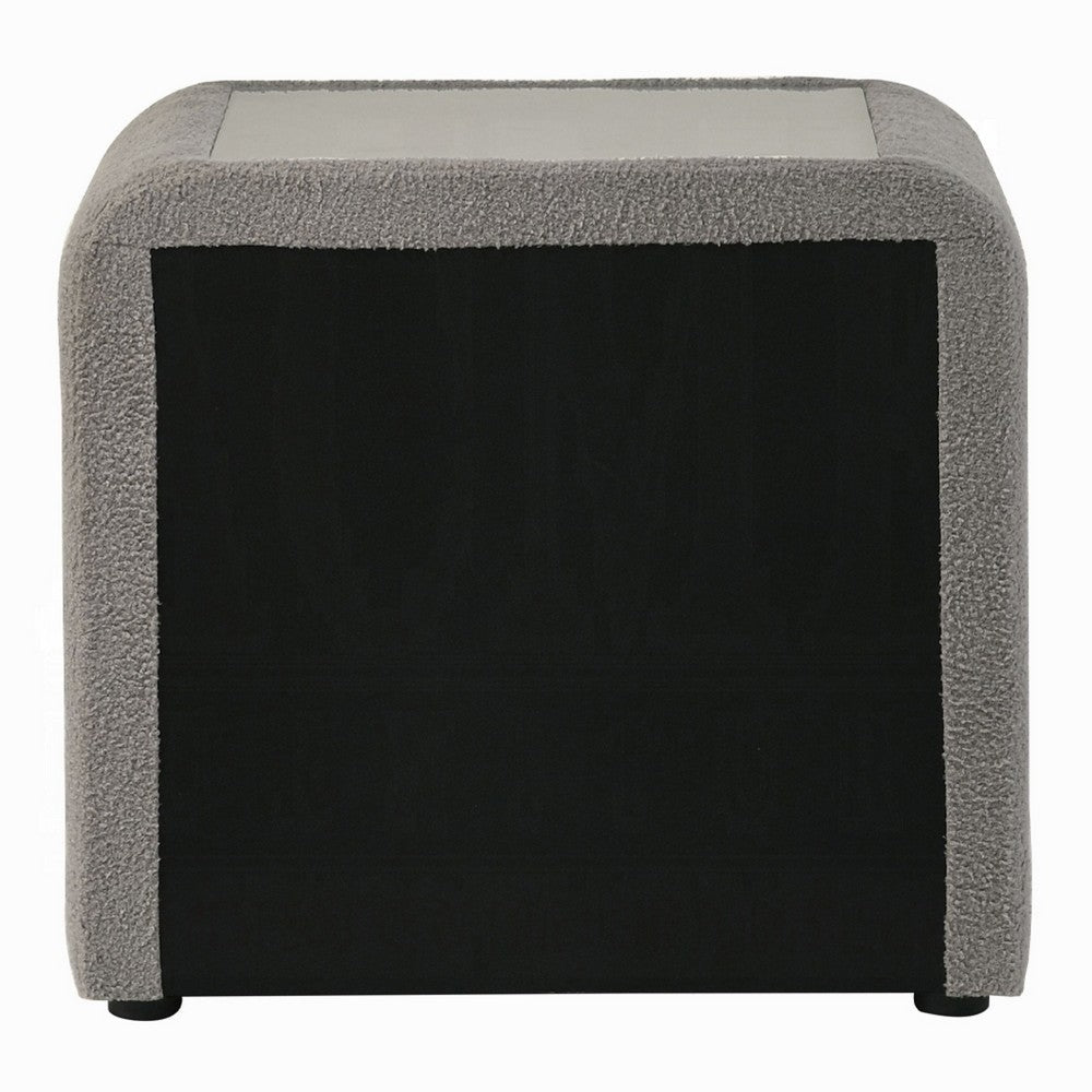 Benjara Kery Nightstand, 2 Drawers, Glass Top, Gray Teddy Sherpa Upholstery
