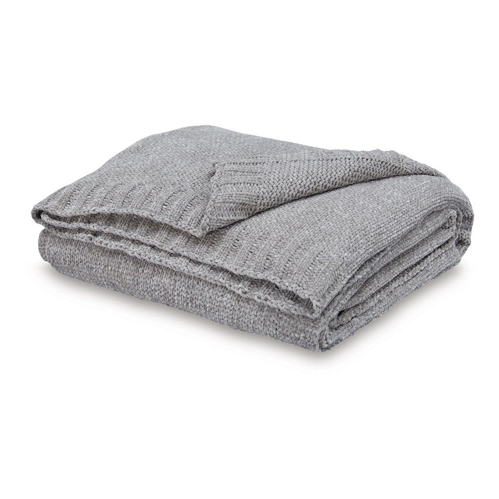 Benjara Tela Throw Blanket Set of 3, Machine Knitted, Textured Gray Polyester