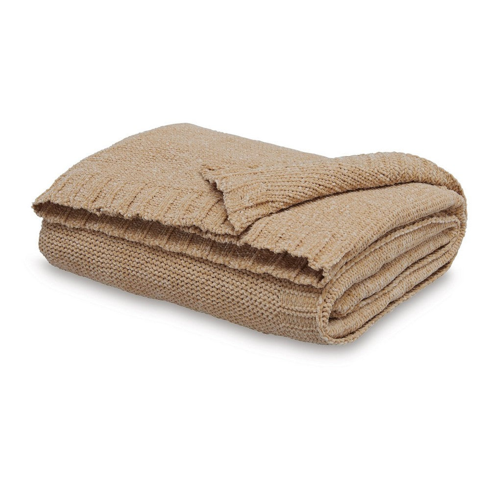 Benjara Tela Throw Blanket Set of 3, Machine Knitted, Textured Gold Polyester