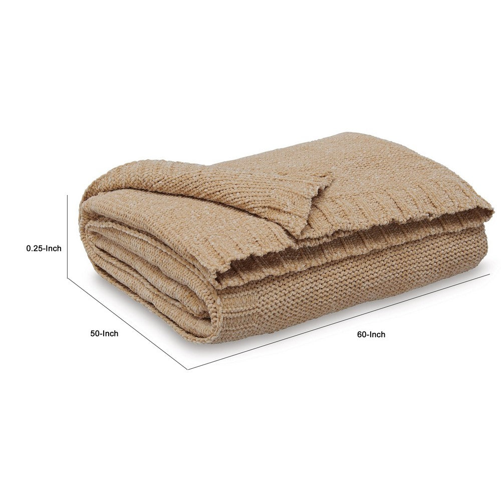 Benjara Tela Throw Blanket Set of 3, Machine Knitted, Textured Gold Polyester