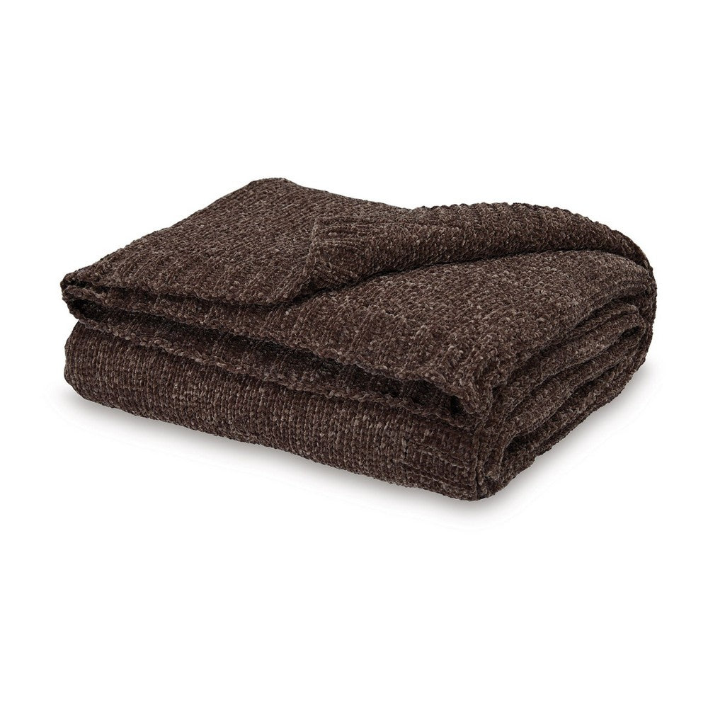 Benjara Tela Throw Blanket Set of 3, Machine Knitted, Textured Dark Brown Polyester