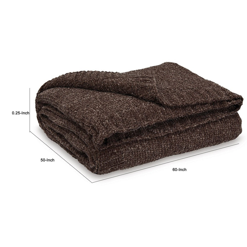 Benjara Tela Throw Blanket Set of 3, Machine Knitted, Textured Dark Brown Polyester