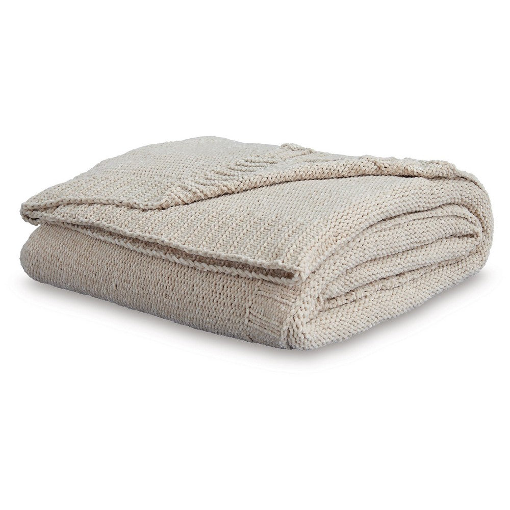 Benjara Tela Throw Blanket Set of 3, Machine Knitted, Textured Beige Polyester