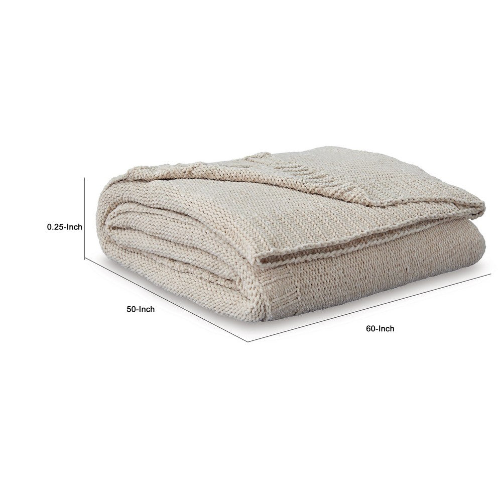 Benjara Tela Throw Blanket Set of 3, Machine Knitted, Textured Beige Polyester