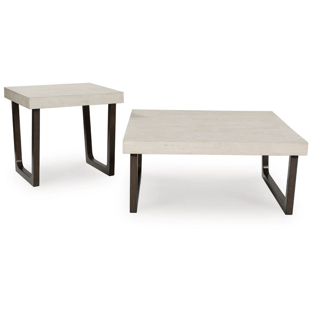 Benjara Wery 2pc Cocktail Table And Side End Table Set, Light Gray Top, Brown