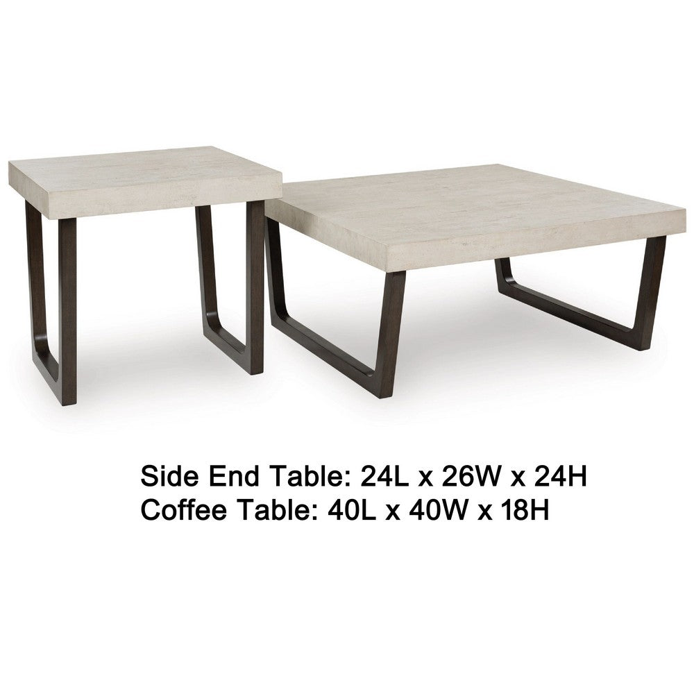 Benjara Wery 2pc Cocktail Table And Side End Table Set, Light Gray Top, Brown