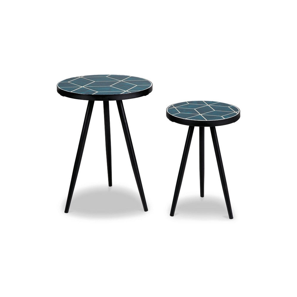 Benjara Ceri Accent Table Set of 2, Teal Blue Geometric Pattern Top, Black