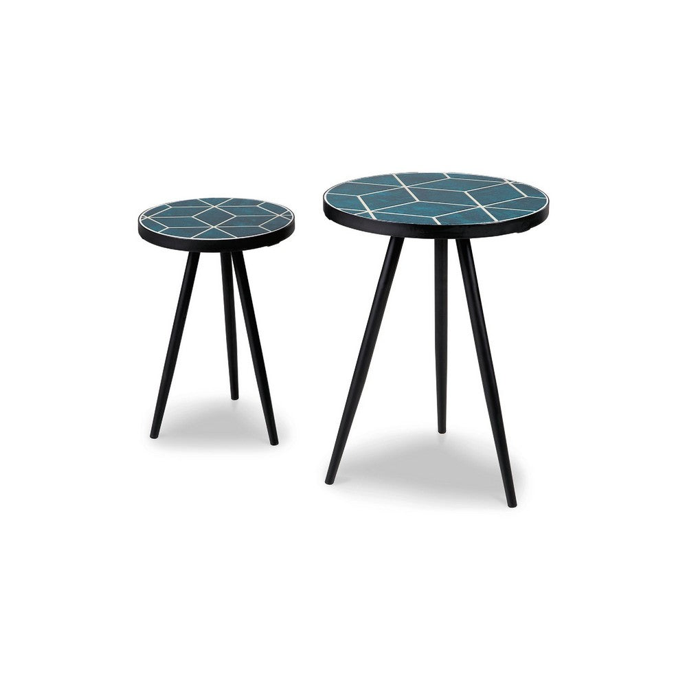 Benjara Ceri Accent Table Set of 2, Teal Blue Geometric Pattern Top, Black