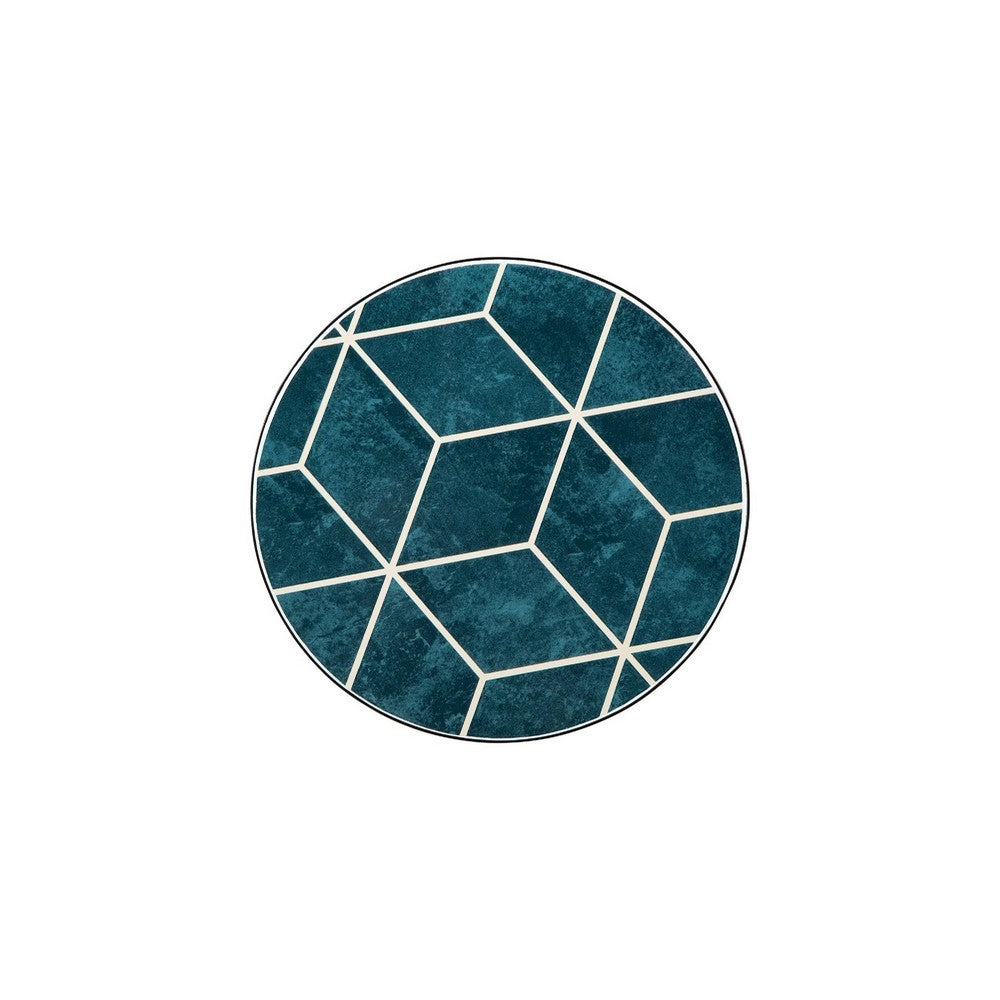 Benjara Ceri Accent Table Set of 2, Teal Blue Geometric Pattern Top, Black