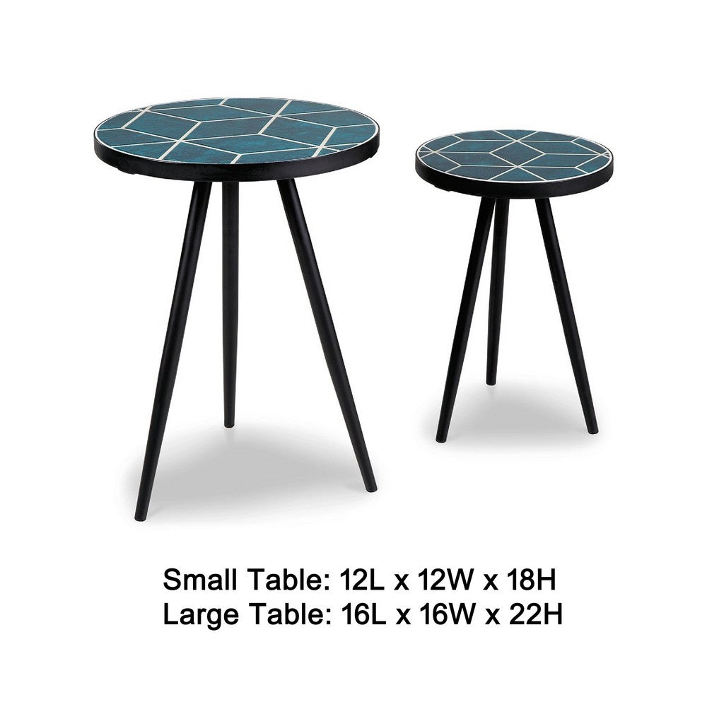 Benjara Ceri Accent Table Set of 2, Teal Blue Geometric Pattern Top, Black