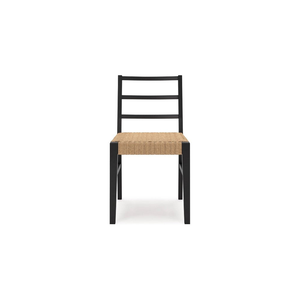 Benjara Wrenn Dining Side Chair Set of 2, Faux Rattan Woven Seat, Black Wood