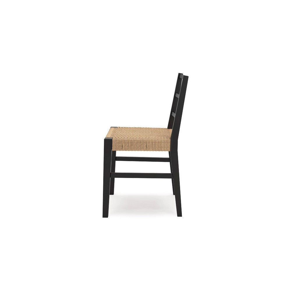 Benjara Wrenn Dining Side Chair Set of 2, Faux Rattan Woven Seat, Black Wood