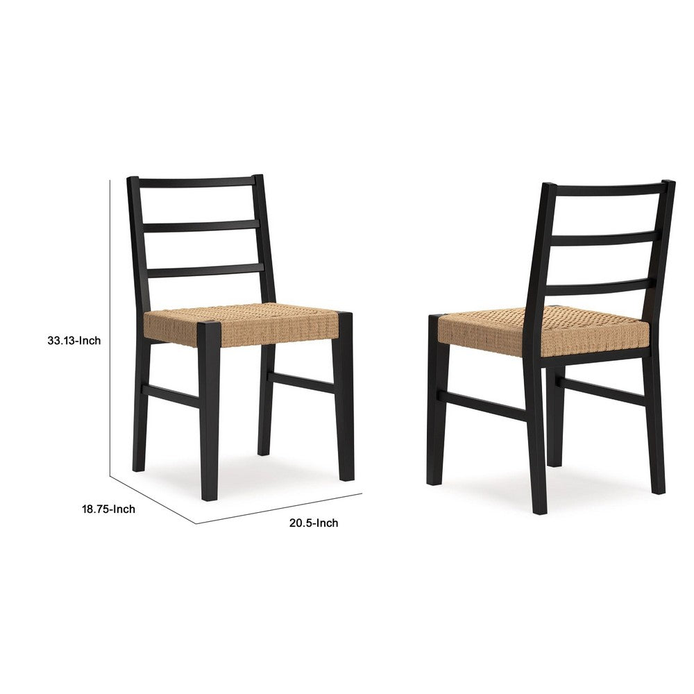 Benjara Wrenn Dining Side Chair Set of 2, Faux Rattan Woven Seat, Black Wood