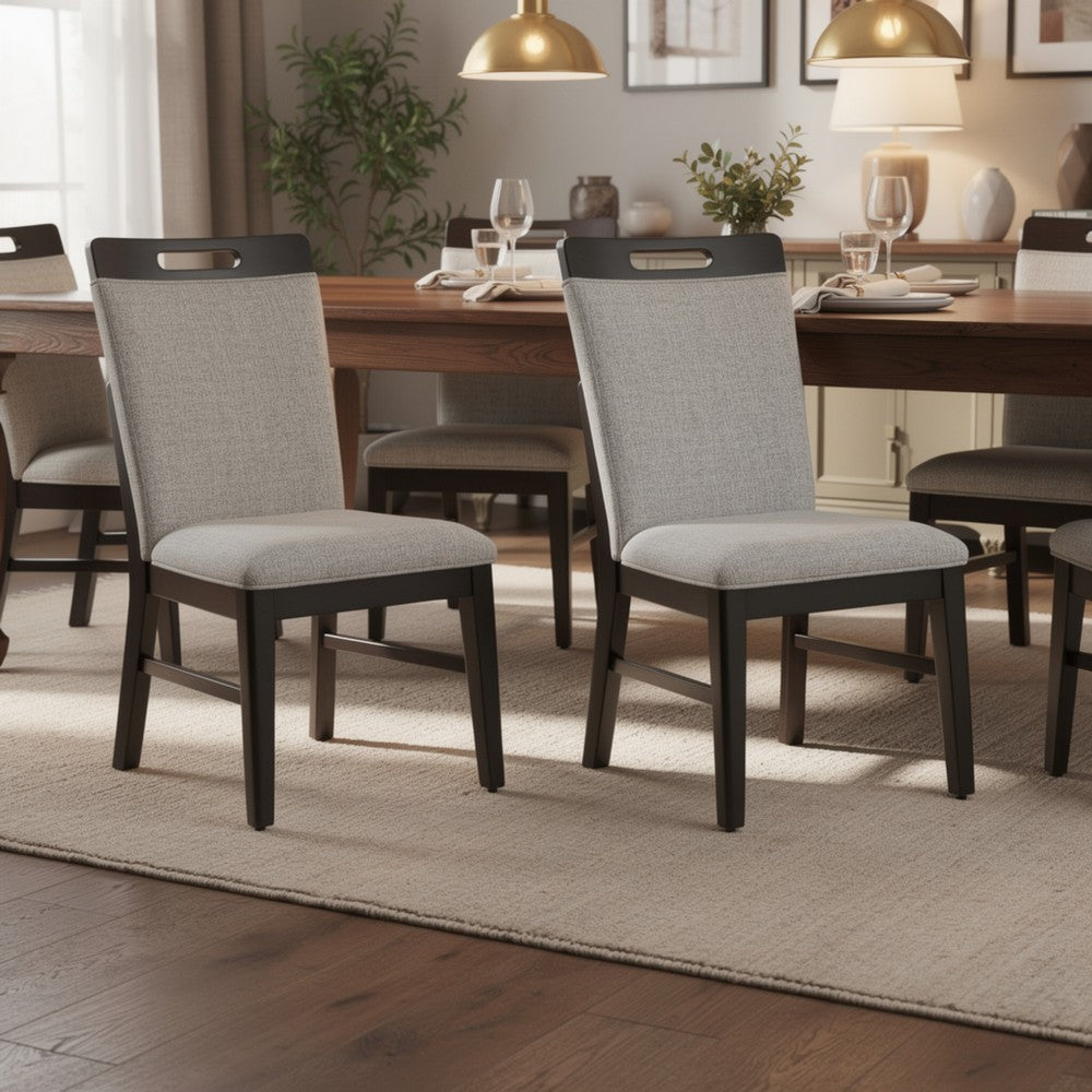 Benjara Nea Dining Side Chair Set of 2, Dark Gray Wood Frame with White Cushions