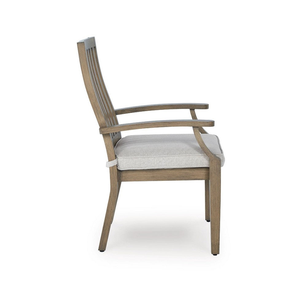 Benjara Inaya Outdoor Armchair Set of 2, Gray Cushion, Brown Spindle Back Frame