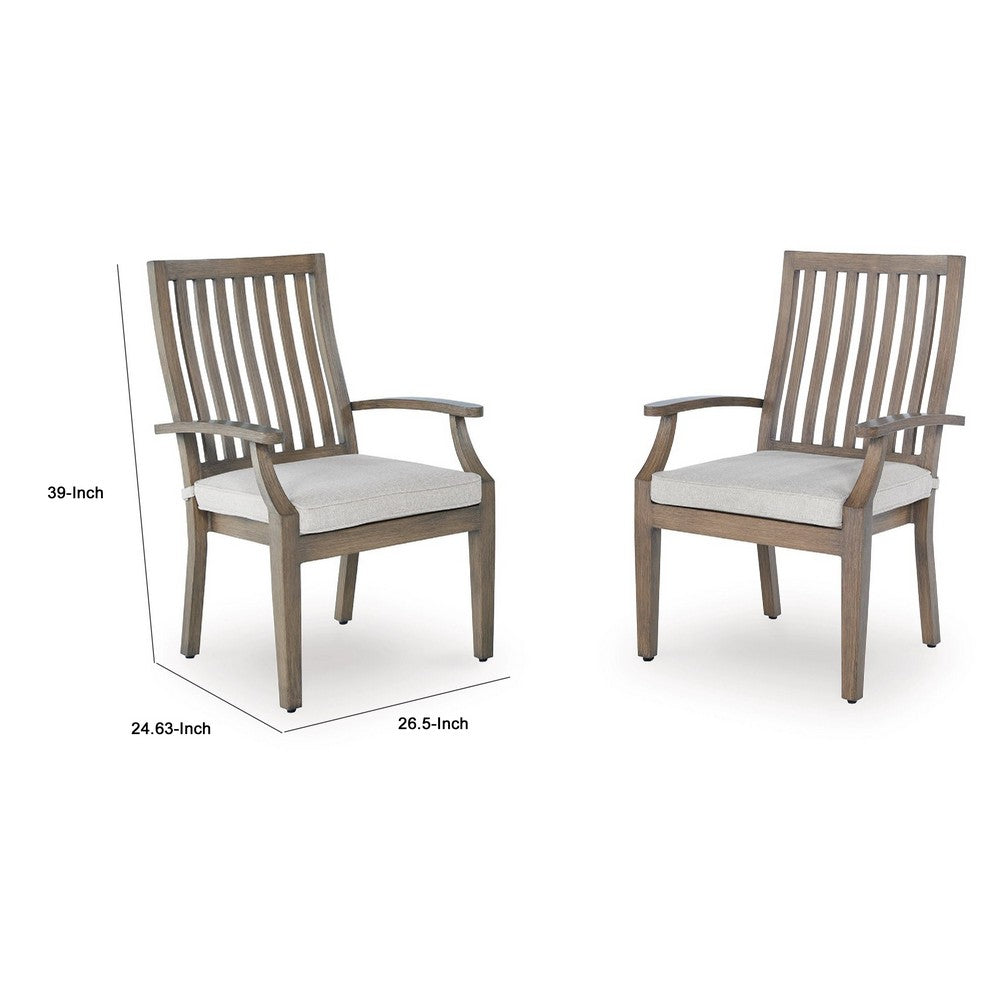 Benjara Inaya Outdoor Armchair Set of 2, Gray Cushion, Brown Spindle Back Frame