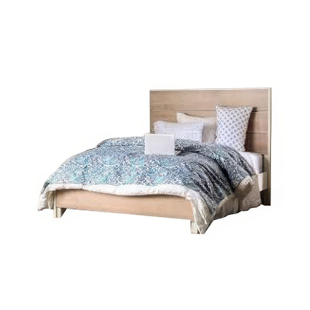 Benjara Flem Queen Size Bed, Horizontal Panel Headboard, Sun White Solid Wood