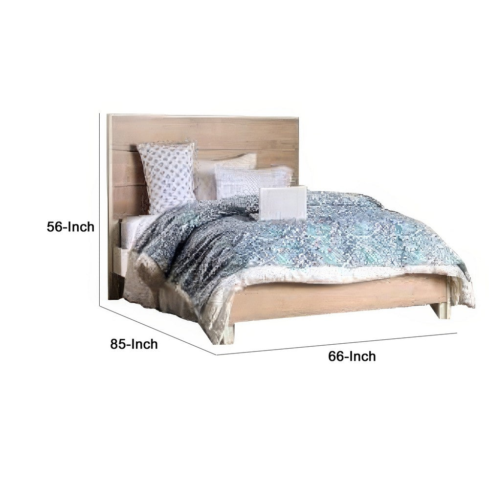Benjara Flem Queen Size Bed, Horizontal Panel Headboard, Sun White Solid Wood