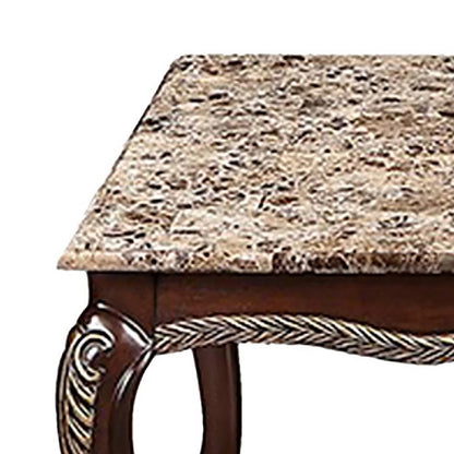 Benjara Liana Marble Coffee Table, Cherry Brown Pine Wood, Rectangular 52 Inch