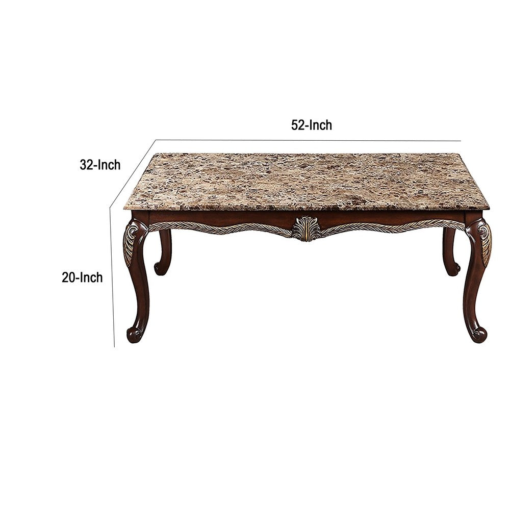 Benjara Liana Marble Coffee Table, Cherry Brown Pine Wood, Rectangular 52 Inch