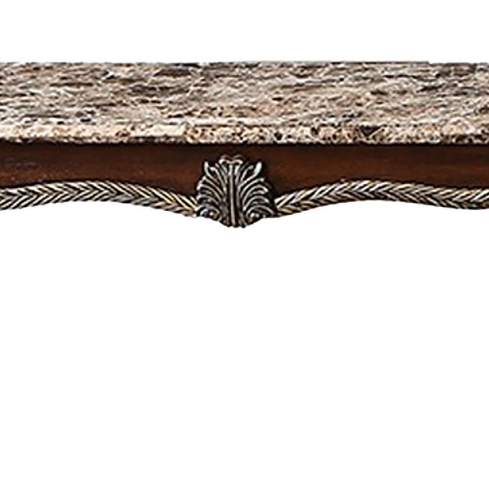 Benjara Liana Marble Console Table, Cherry Brown Pine Wood, Rectangular 52 Inch