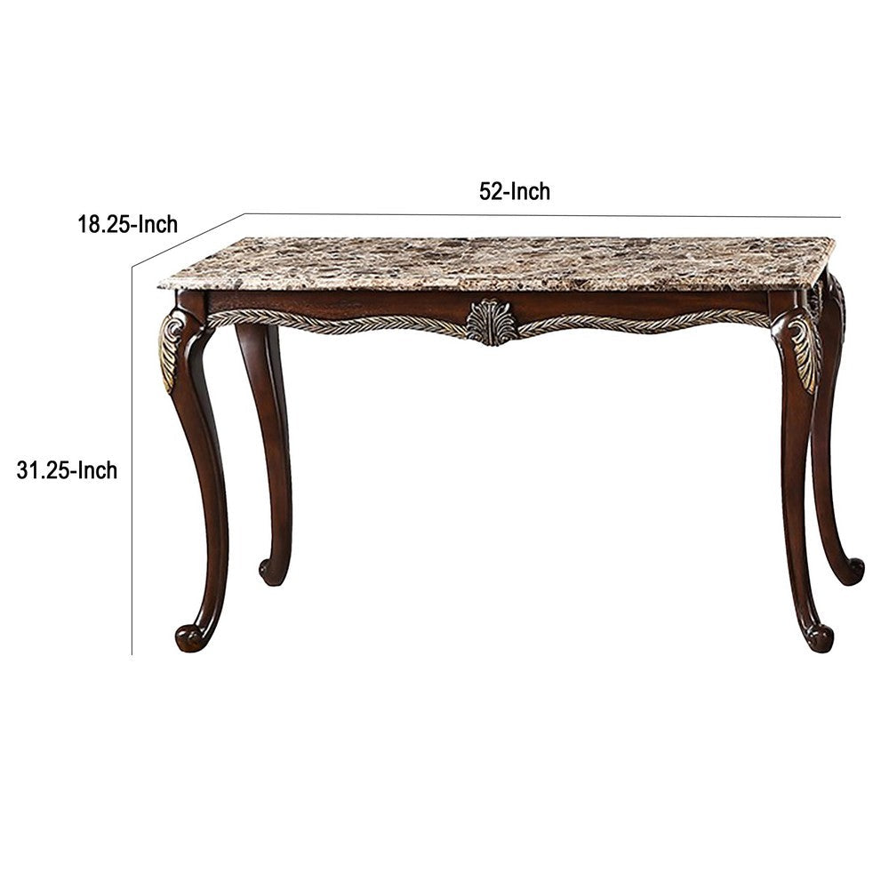 Benjara Liana Marble Console Table, Cherry Brown Pine Wood, Rectangular 52 Inch