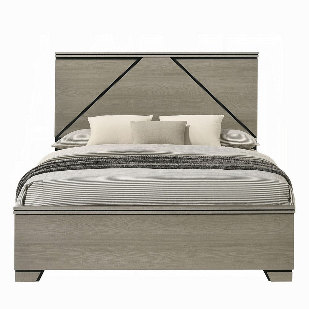 Benjara Anna Queen Bed, Panel Headboard with LED, Weathered Gray Wood, Modern Style