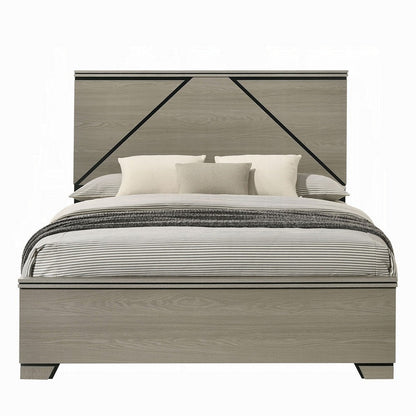 Benjara Anna Queen Bed, Panel Headboard with LED, Weathered Gray Wood, Modern Style