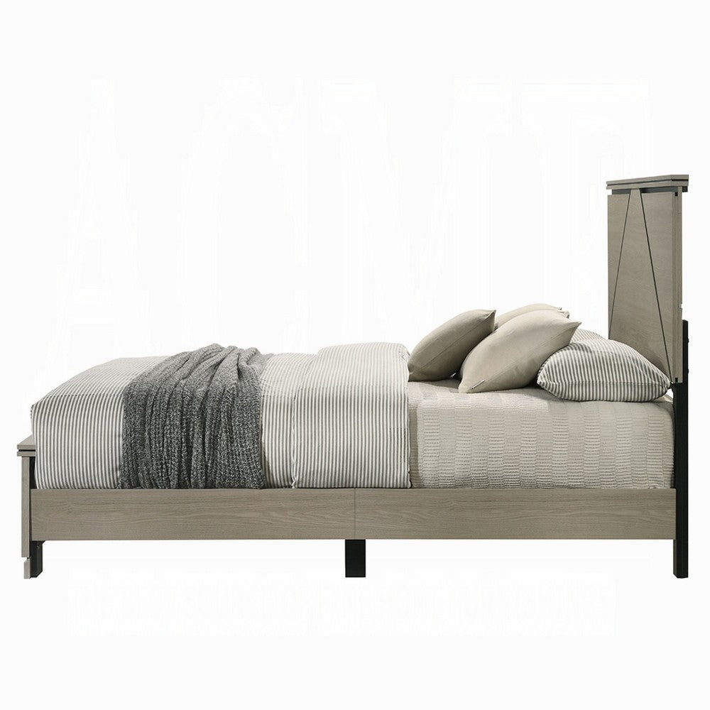 Benjara Anna Queen Bed, Panel Headboard with LED, Weathered Gray Wood, Modern Style
