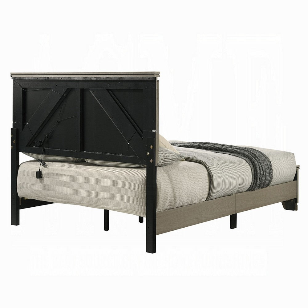 Benjara Anna Queen Bed, Panel Headboard with LED, Weathered Gray Wood, Modern Style