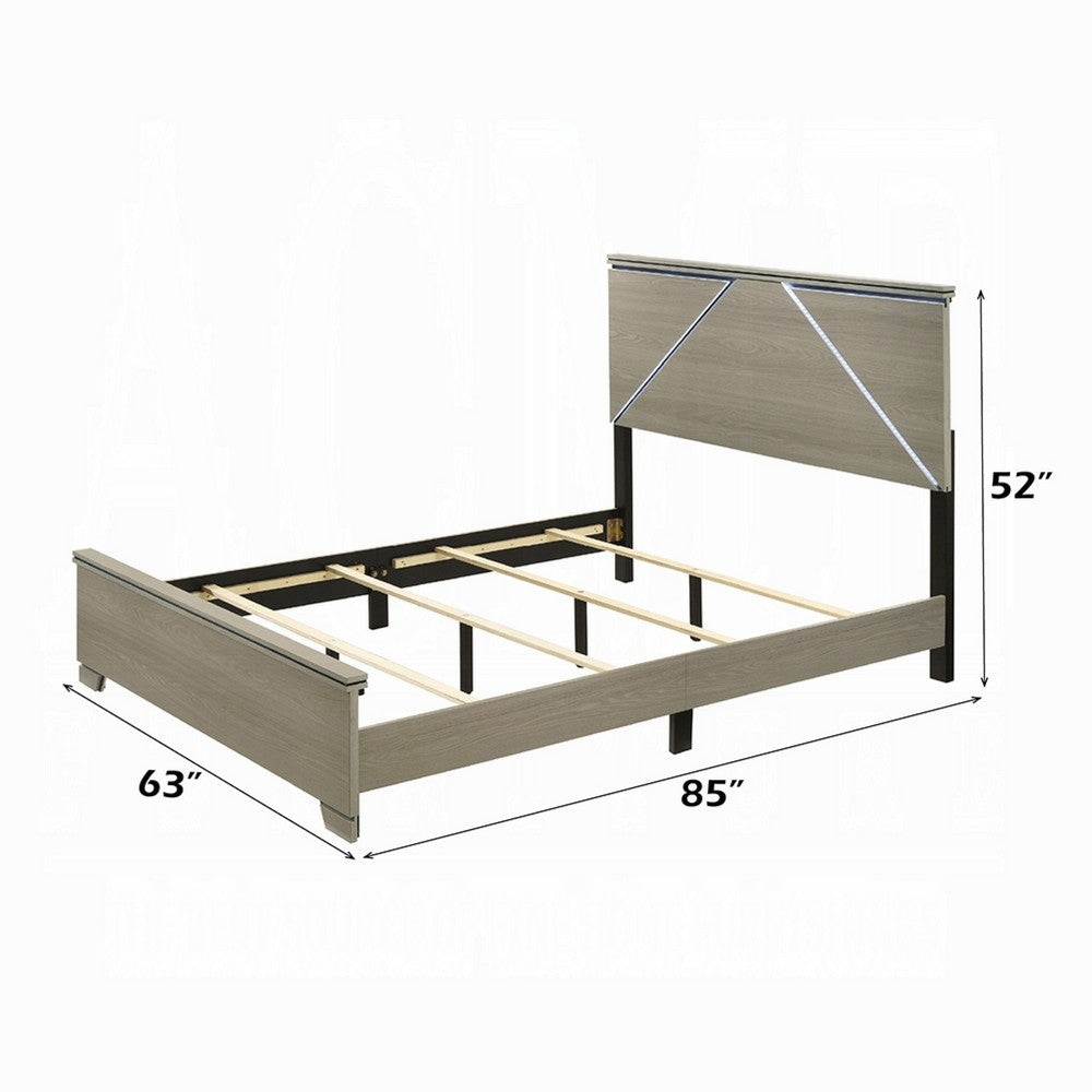 Benjara Anna Queen Bed, Panel Headboard with LED, Weathered Gray Wood, Modern Style