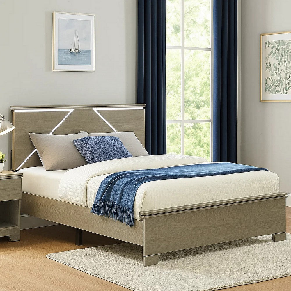 Benjara Anna Queen Bed, Panel Headboard with LED, Weathered Gray Wood, Modern Style